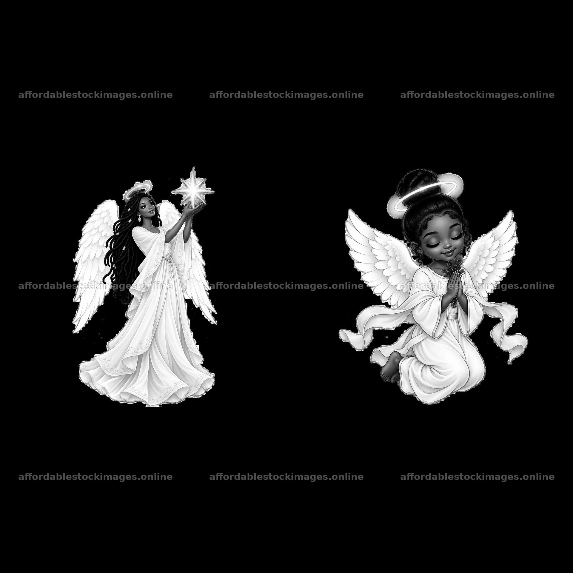Christmas angels holding a star and praying in black and white – stock images 7746x7746