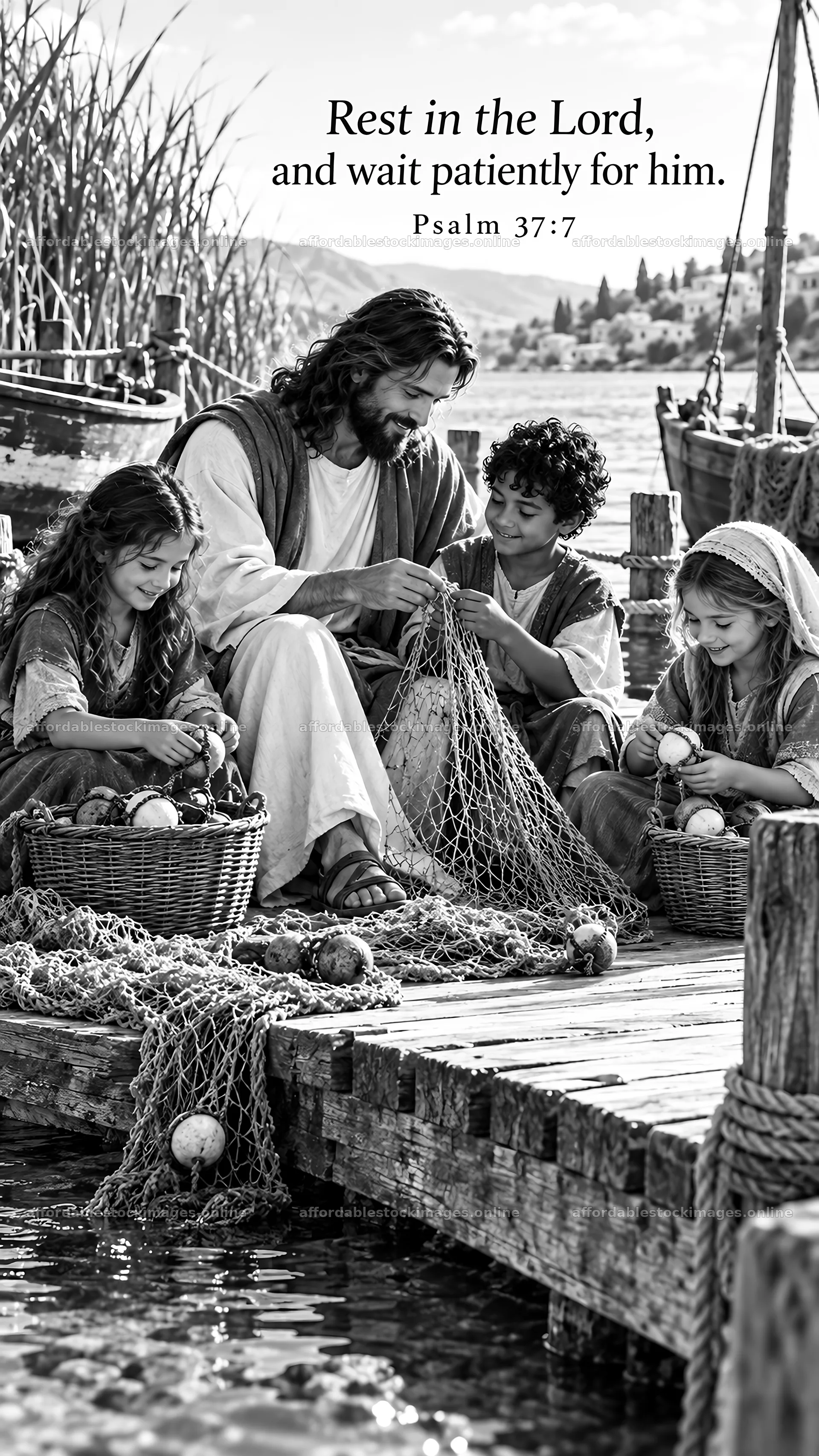 Jesus Christ teaches children by the fishing dock – stock images 5811x10326