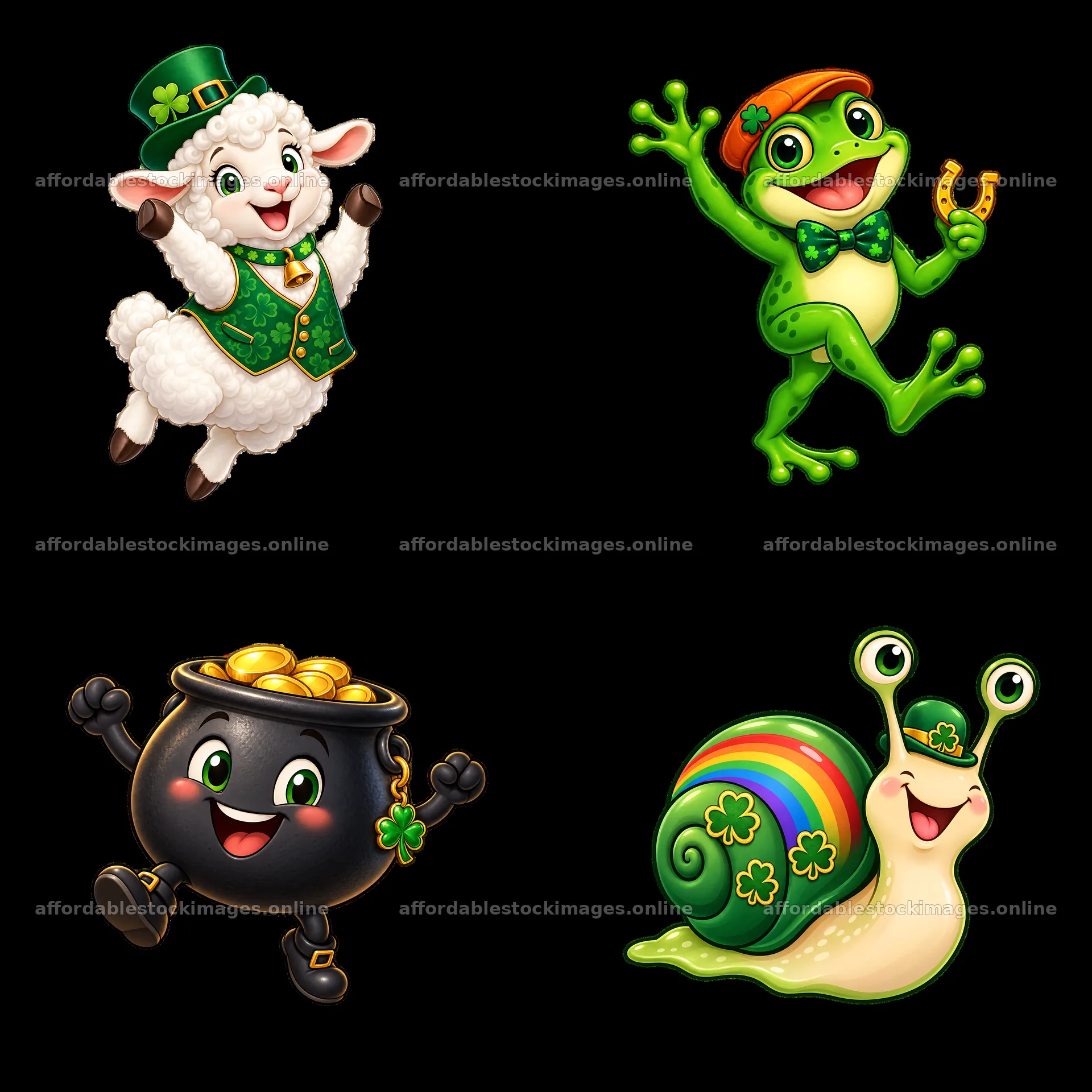 Cartoon characters celebrating St. Patrick's Day in a square – stock images 7746x7746