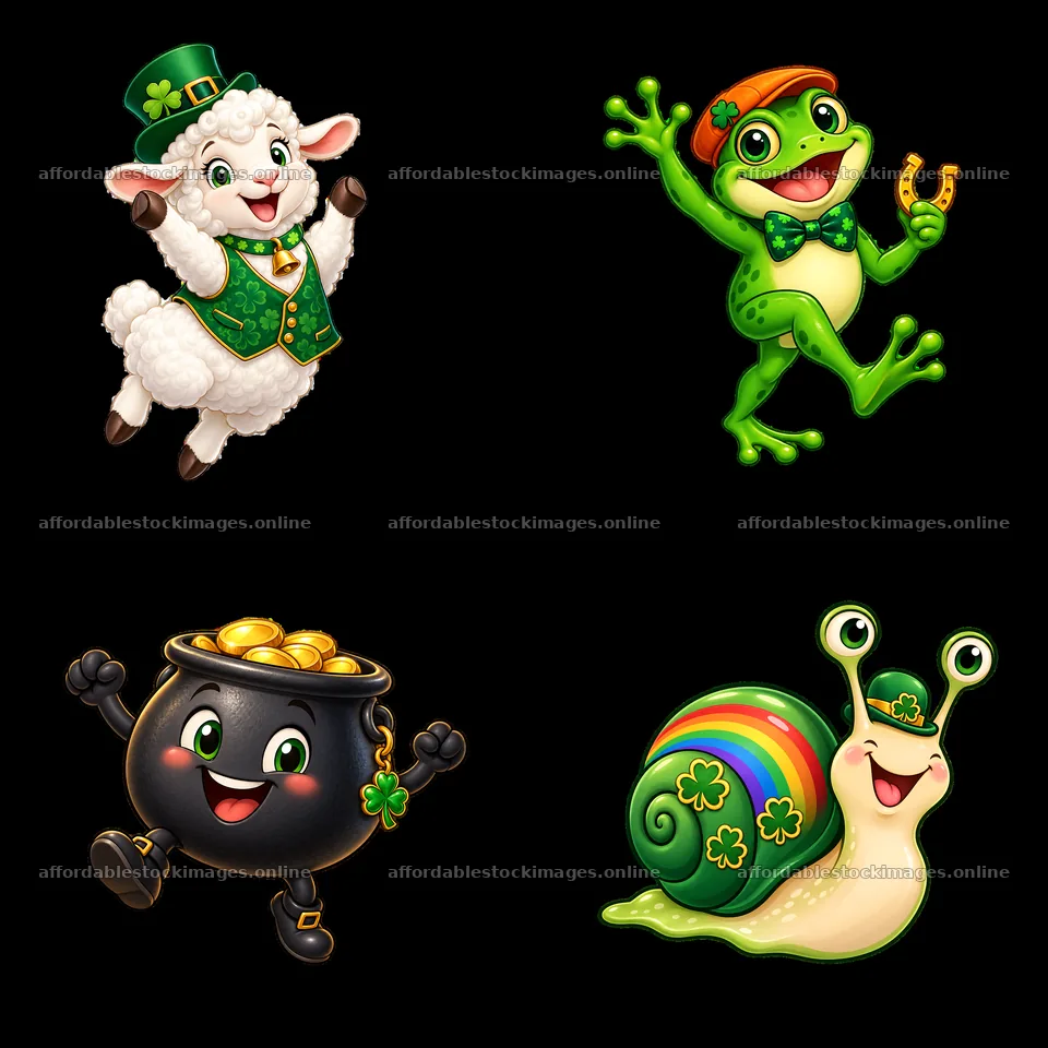 Cartoon characters celebrating St. Patrick's Day in a square – stock images 7746x7746