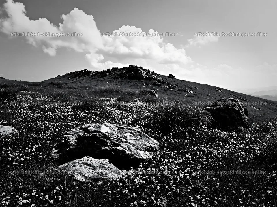 Oita highland meadow with granite stones and flowers – stock images 9174x6866