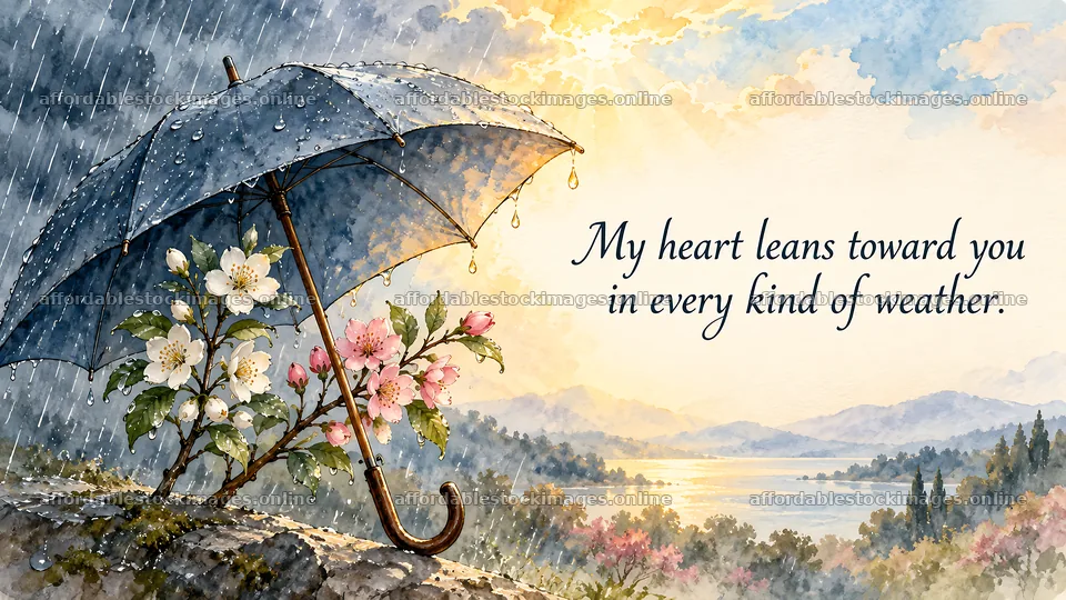 Watercolor love greeting beneath a rainy umbrella – stock images 10324x5812