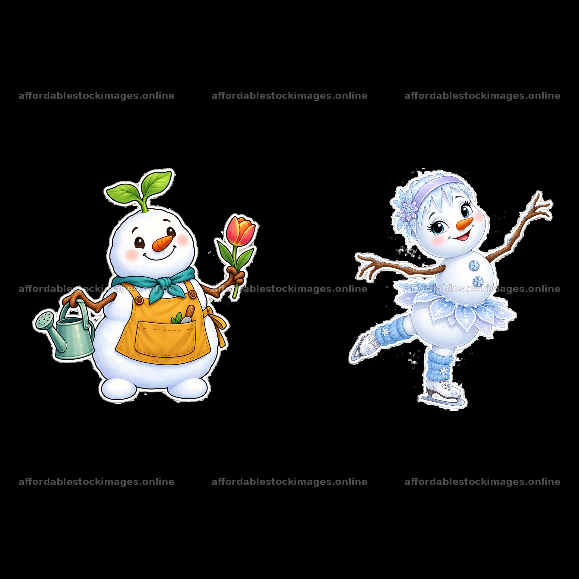 Snowman with flower and snowman ice skating in winter scene – stock images 7746x7746