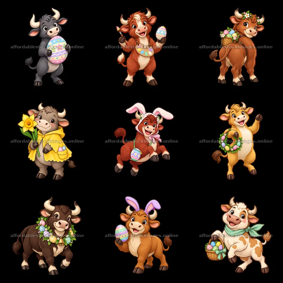 Easter ox characters with eggs and festive accessories in grid – stock images 7746x7746