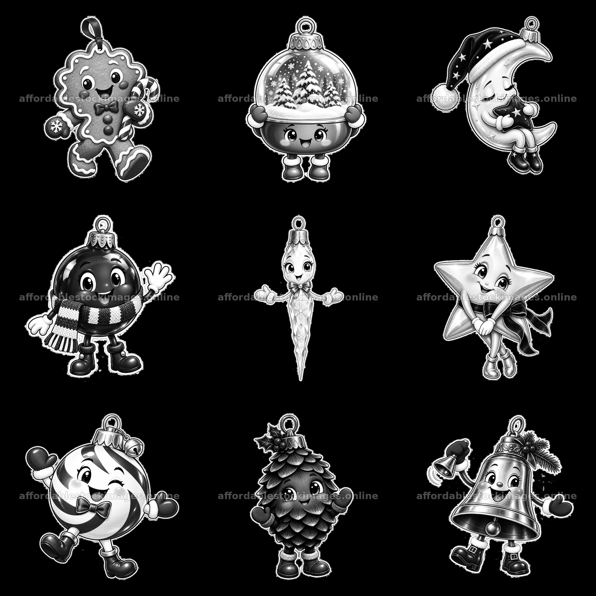Cute Christmas ornaments in a 3x3 arrangement featuring – stock images 7746x7746