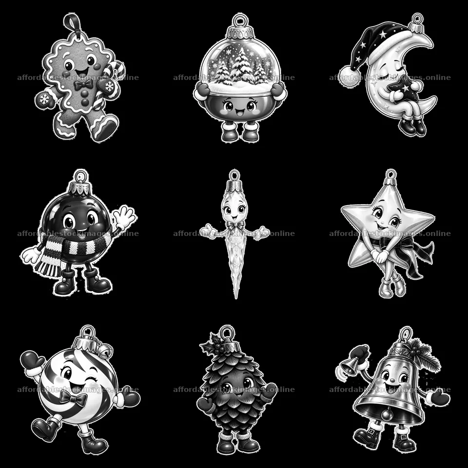 Cute Christmas ornaments in a 3x3 arrangement featuring – stock images 7746x7746