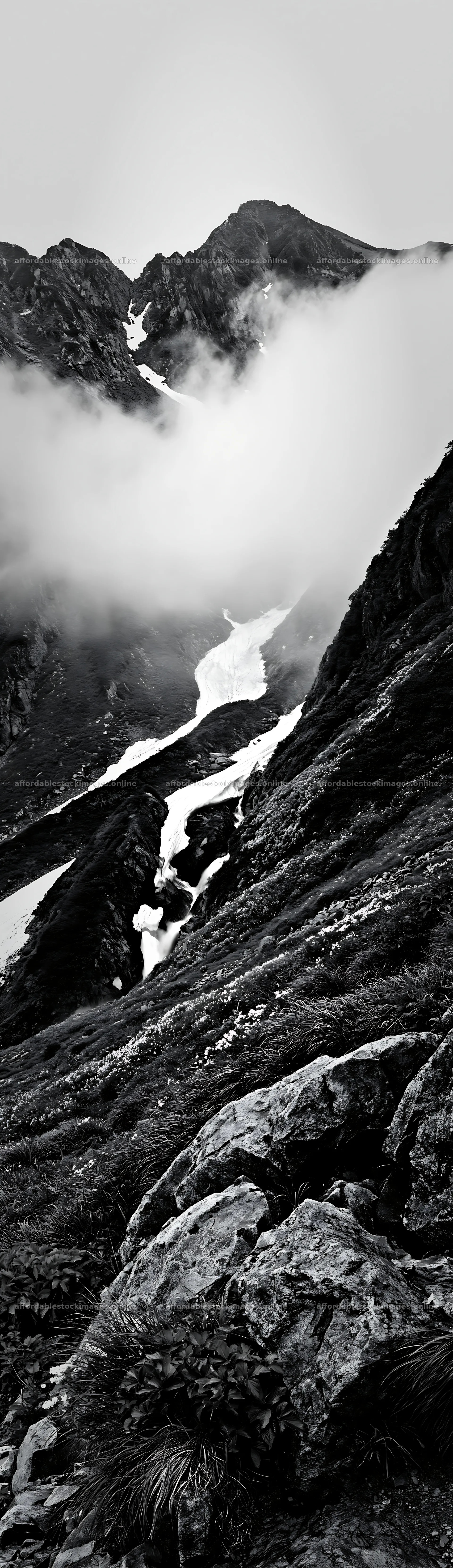 Toyama alpine meadow snowmelt rock foreground in black and white – stock images 4268x14762