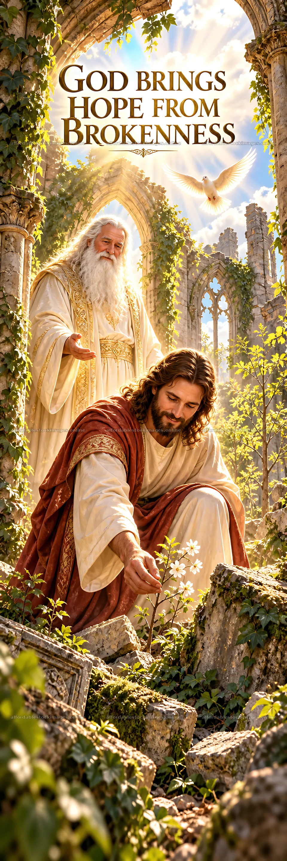 Jesus Christ brings hope from brokenness in a garden scene – stock images 4472x13417
