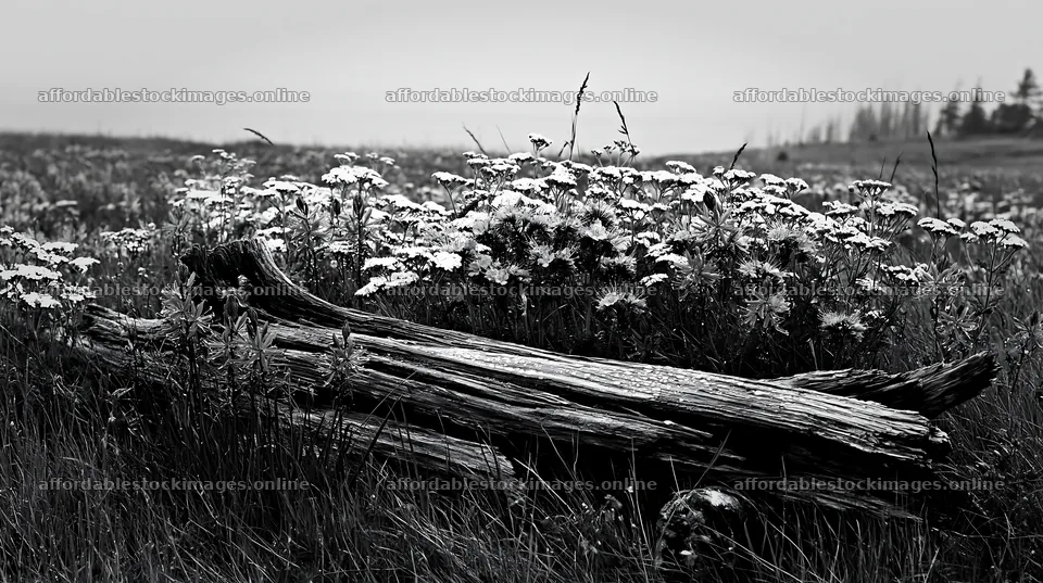 Weathered log among flowers in a grassy meadow – stock images 10608x5938