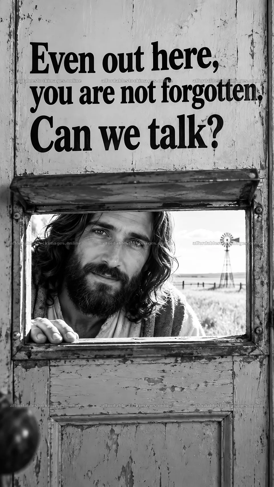 Jesus Christ inviting conversation through a door – stock images 5811x10326