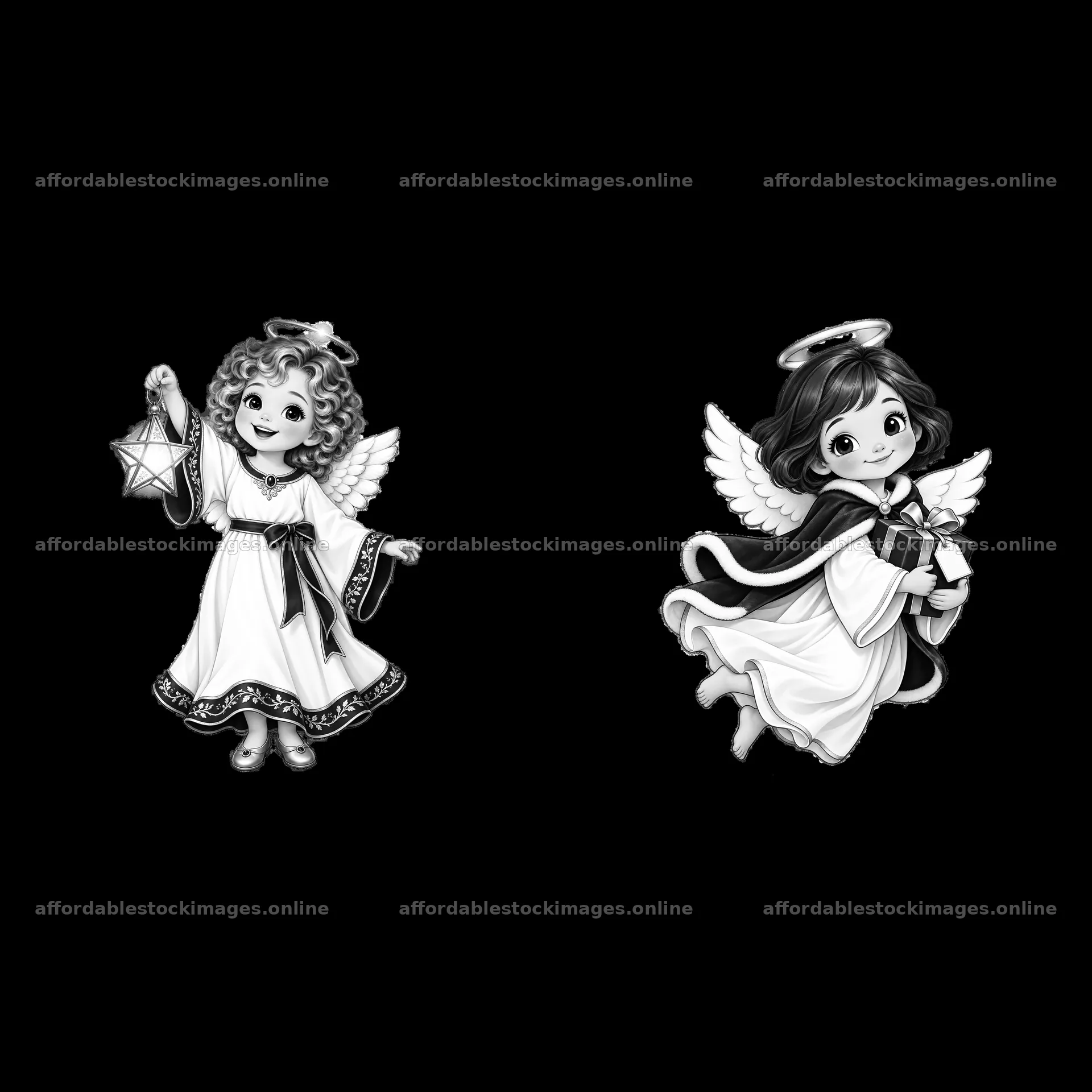 Christmas angel cartoon stickers in black and white – stock images 7746x7746