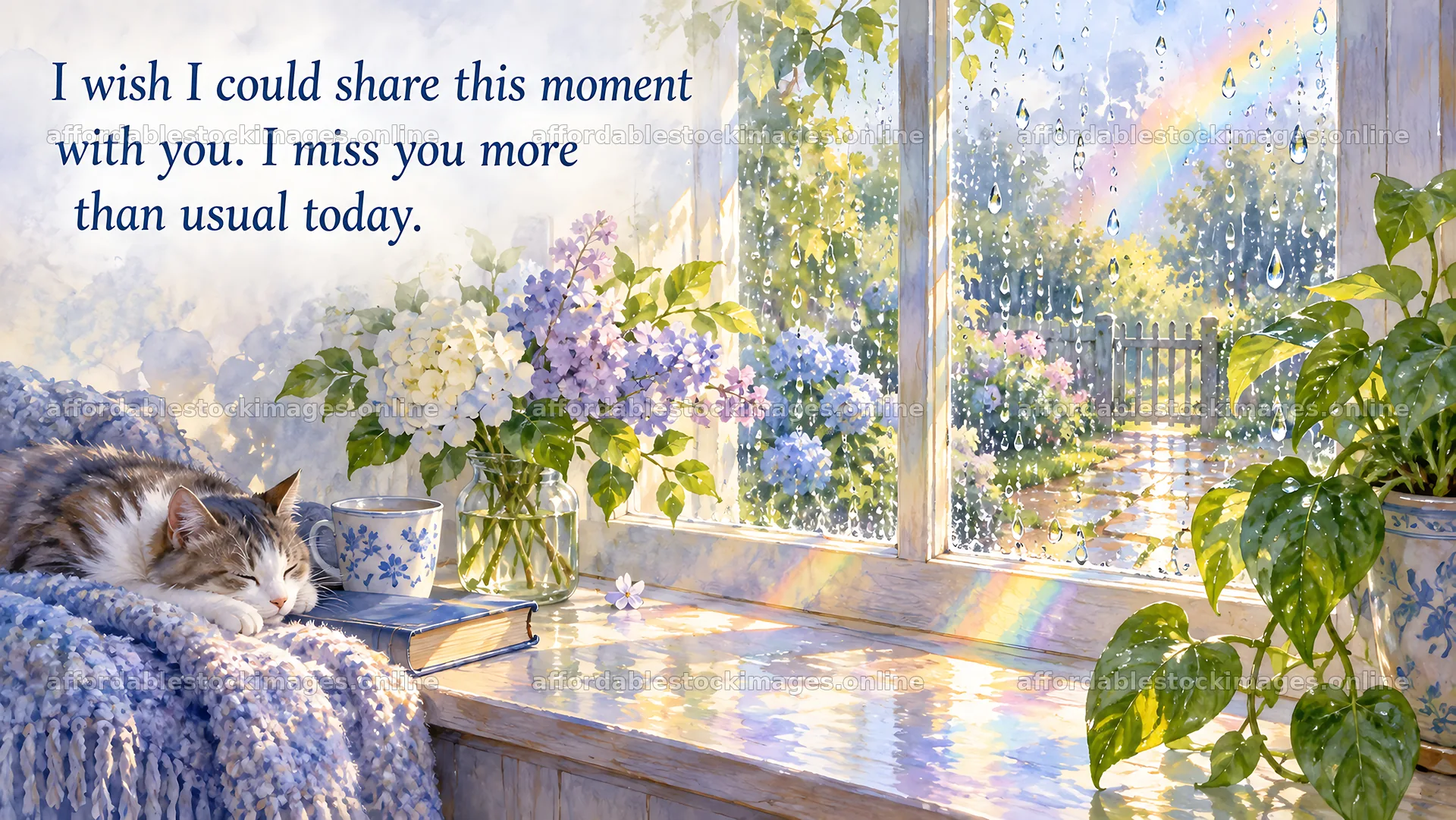 I Miss You Greeting with Cat by a Rainy Window – stock images 10324x5812