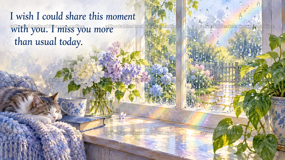 I Miss You Greeting with Cat by a Rainy Window – stock images 10324x5812
