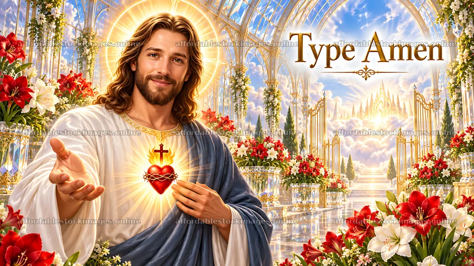 Jesus with open hands in a floral setting at Amaryllis Crystal – stock images 10580x5954
