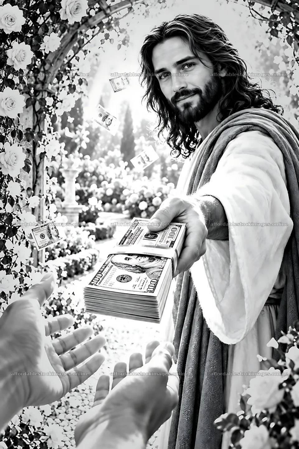 Man in a garden handing out cash to a person reaching out – stock images 6480x9722