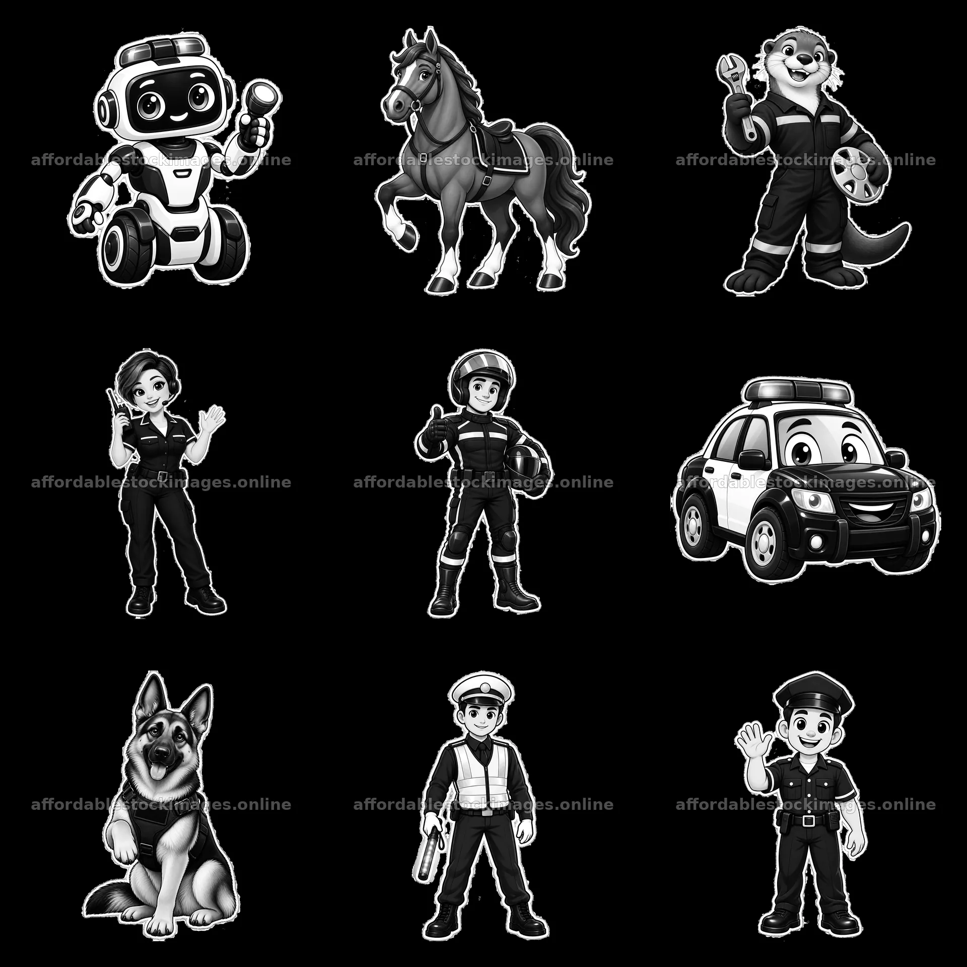 Cartoon characters in police and rescue roles in a grid layout – stock images 7746x7746