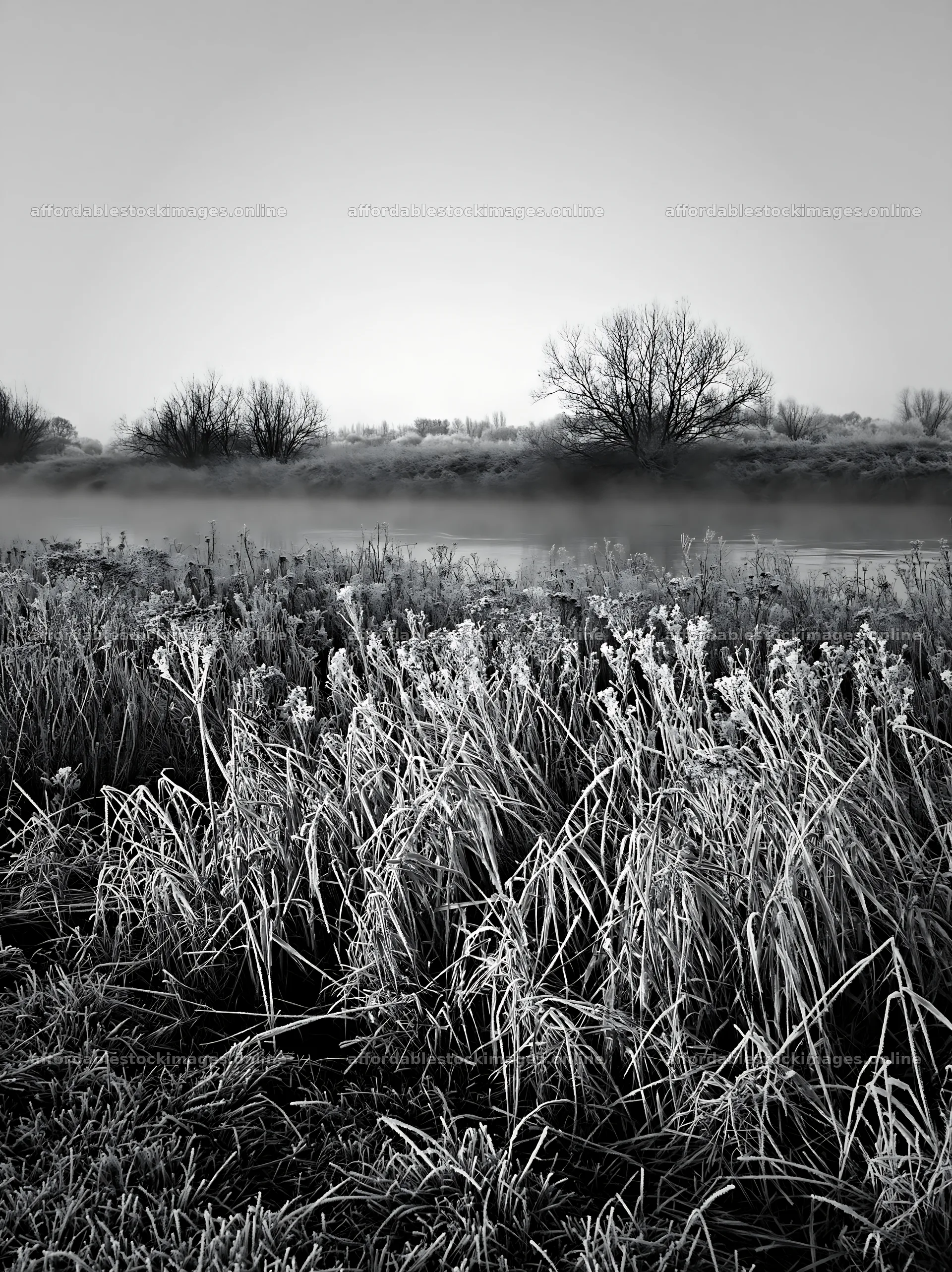 Frost-touched meadow along a river with trees in the background – stock images 6866x9174