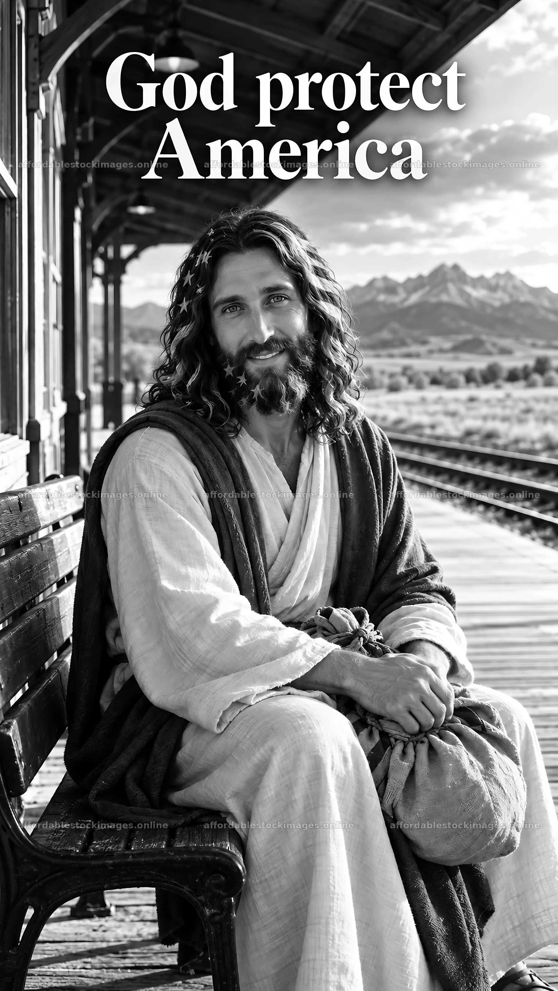 Jesus Christ welcomes viewers while sitting on a bench – stock images 5811x10326