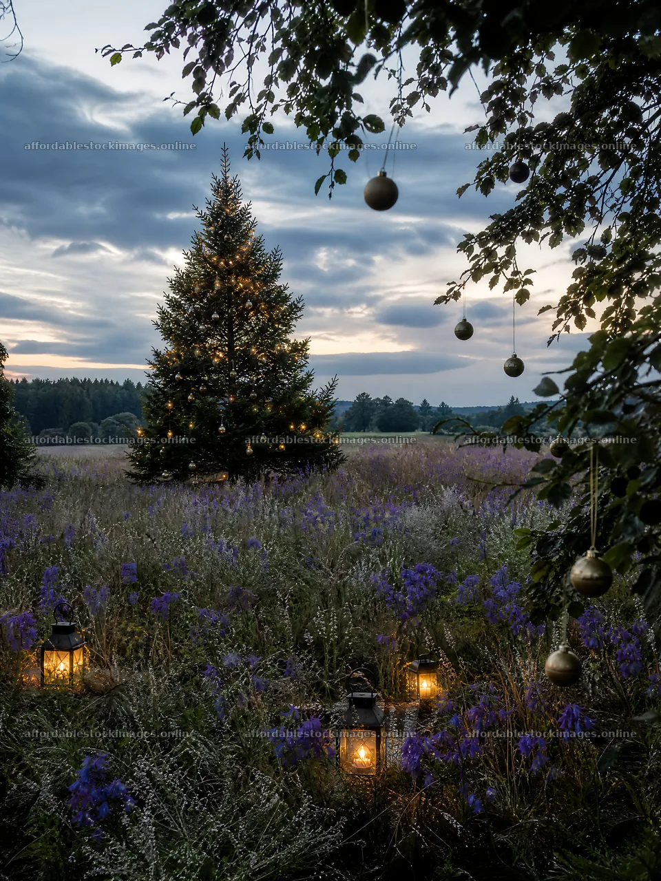Vibrant Christmas tree in meadow at dusk with lanterns – stock images 6874x9166