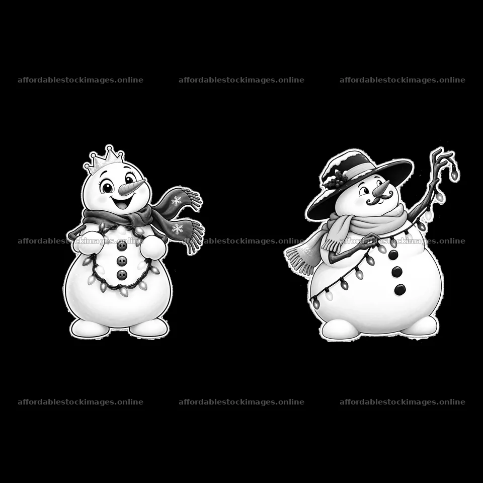 Snowman with string lights wearing scarves and hats in a pair – stock images 7746x7746