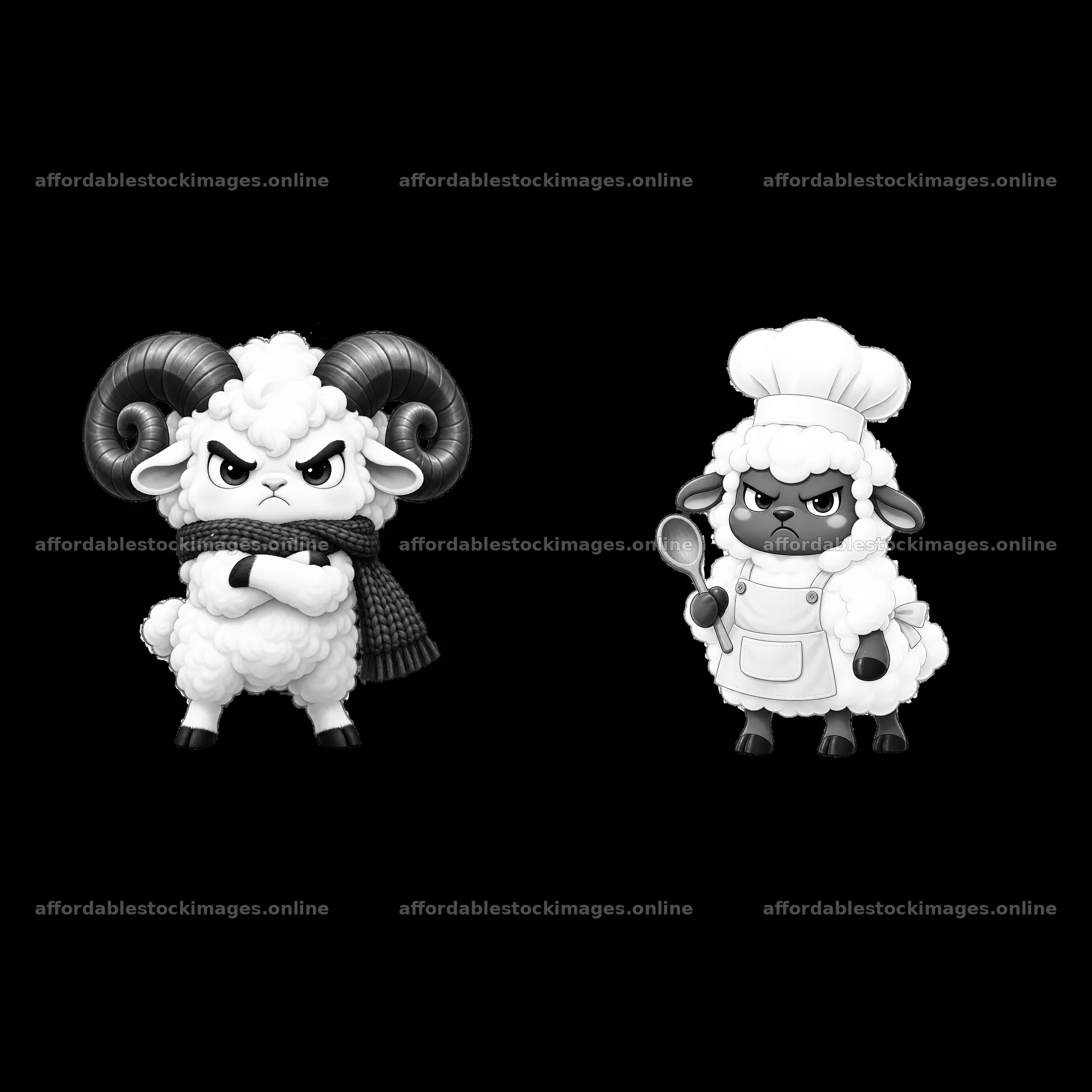 Kawaii grumpy sheep pair with scarf and chef hat – stock images 7746x7746