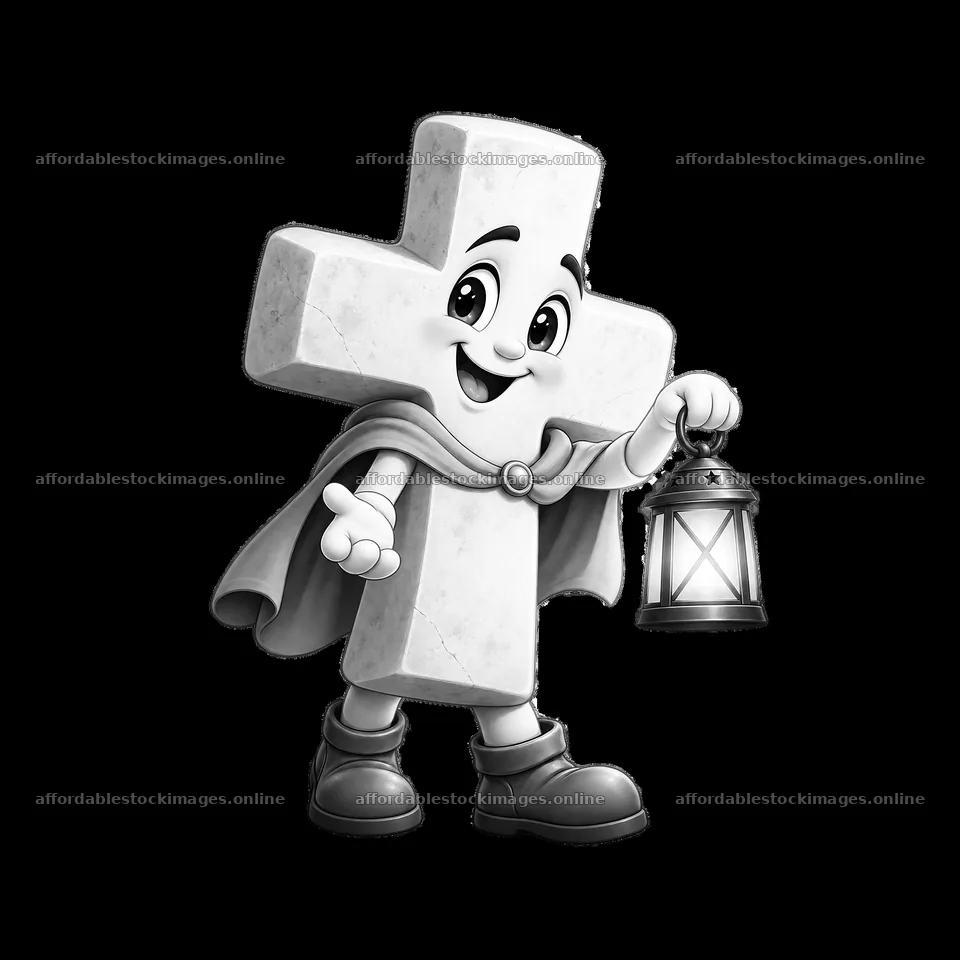Smiling cartoon cross character holding lantern in black and – stock images 7746x7746