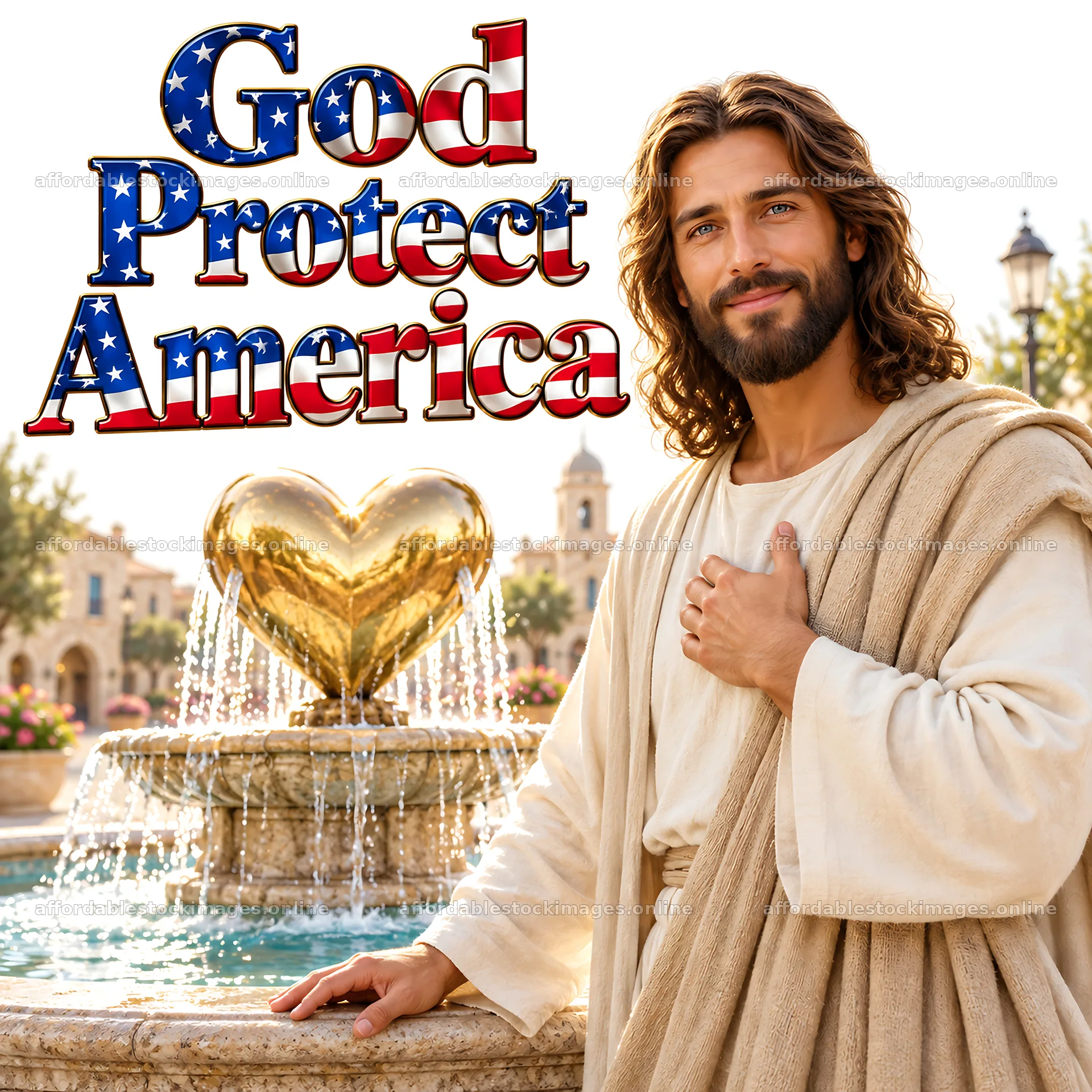 Jesus Christ standing by a heart fountain in a city – stock images 7746x7746