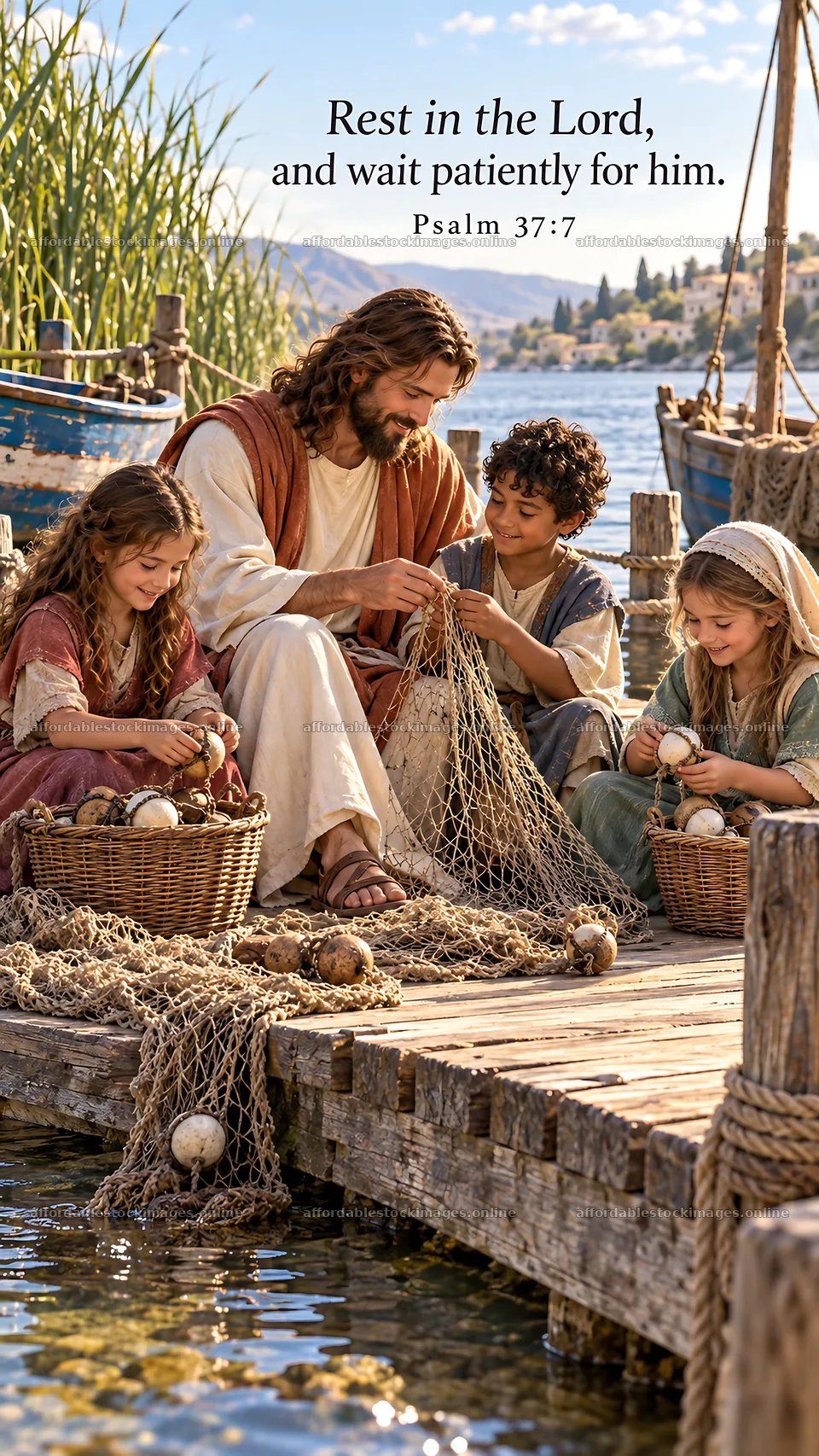 Jesus Christ teaching children by the water – stock images 5811x10326