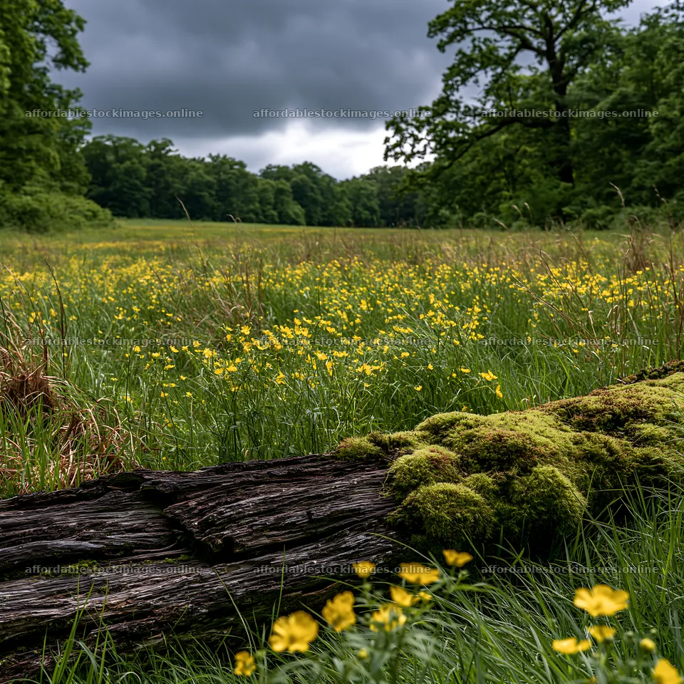 Gifu low carbon meadow with mossy log and yellow flowers – stock images 7938x7938