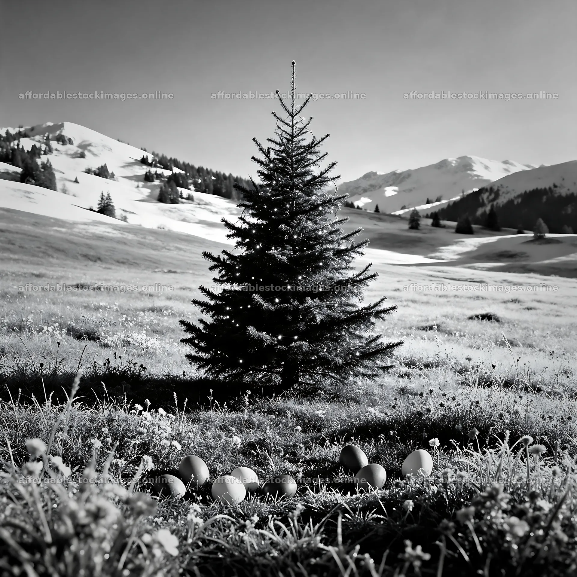Vibrant Christmas tree in meadow under winter sunlight – stock images 7938x7938
