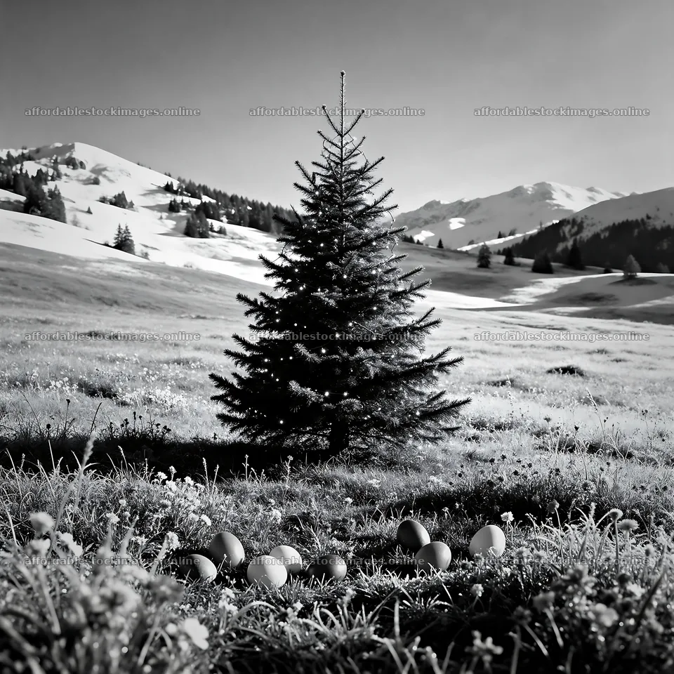 Vibrant Christmas tree in meadow under winter sunlight – stock images 7938x7938