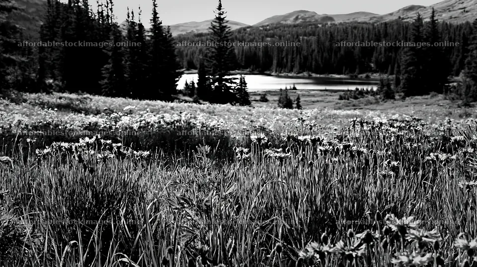 Sunlit lakeside meadow surrounded by trees and mountains – stock images 10608x5938