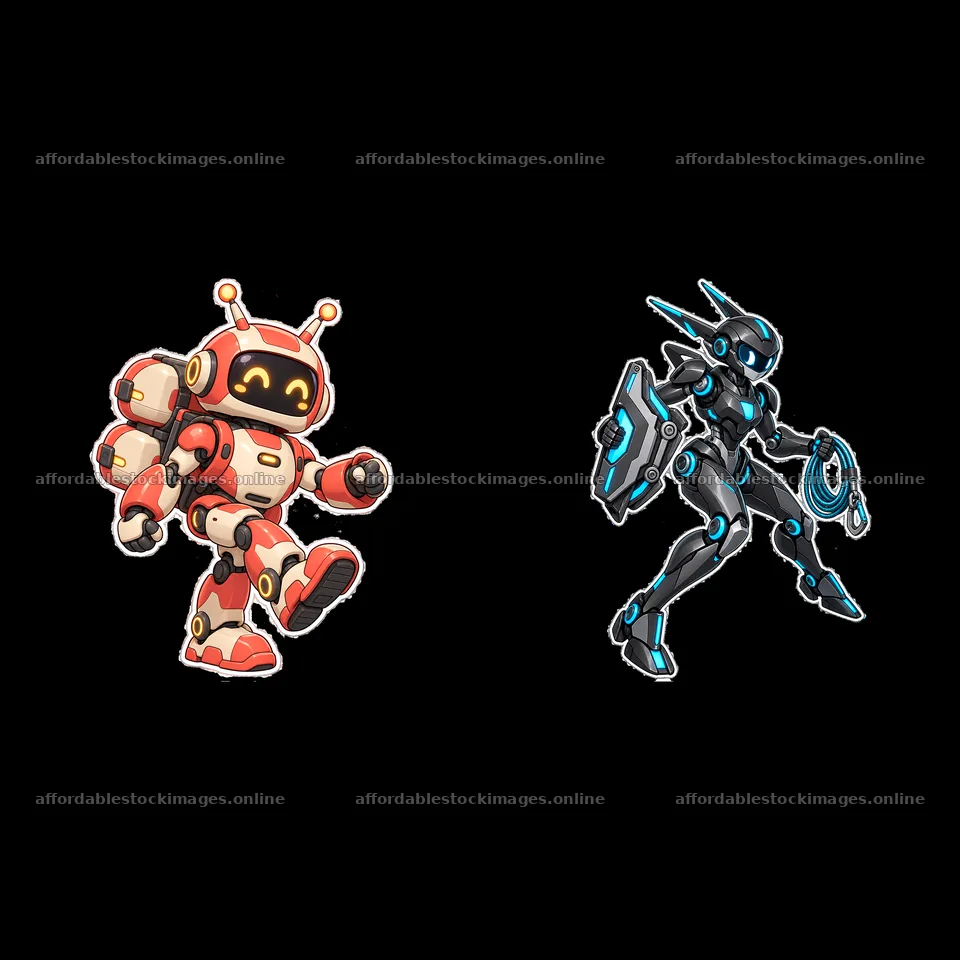 Two cartoon mech robots walking together in a light-hearted – stock images 7746x7746