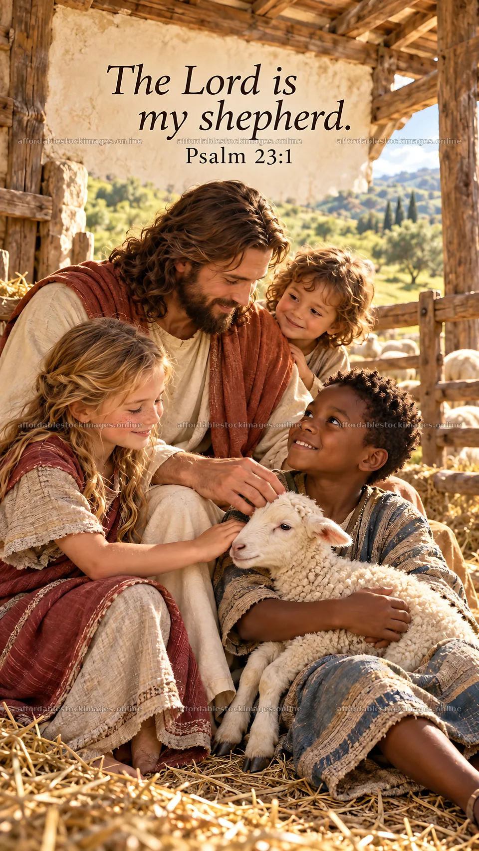 Jesus Christ interacting with children and a sheep – stock images 5811x10326
