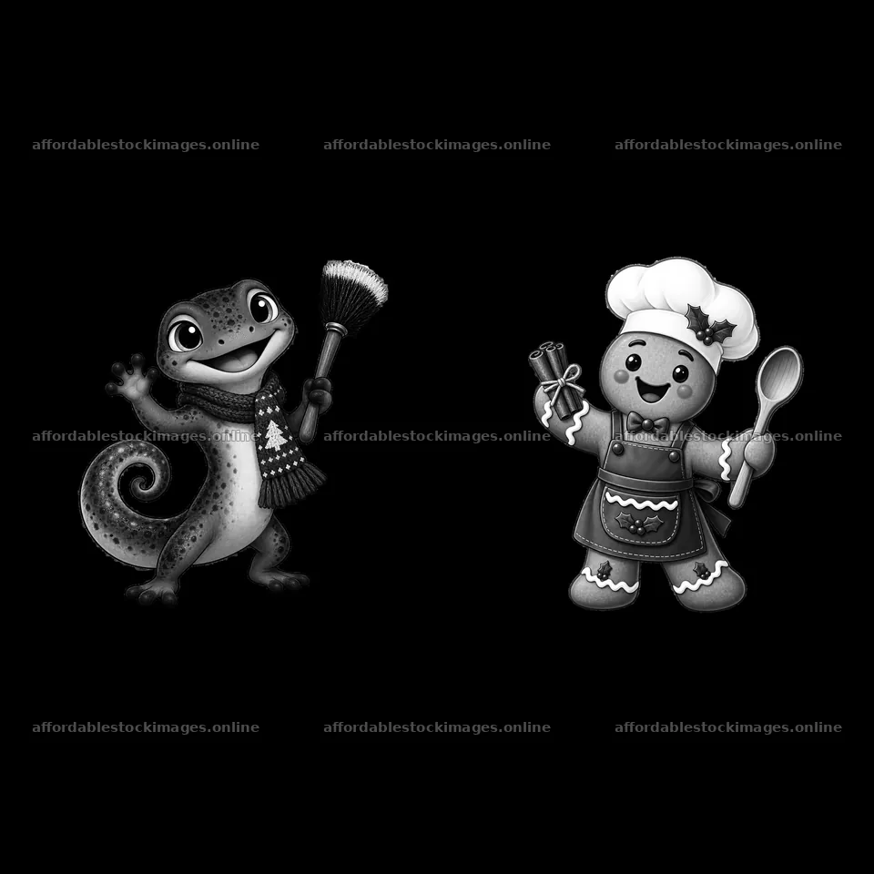 Gingerbread chef and lizard character preparing for Christmas – stock images 7746x7746