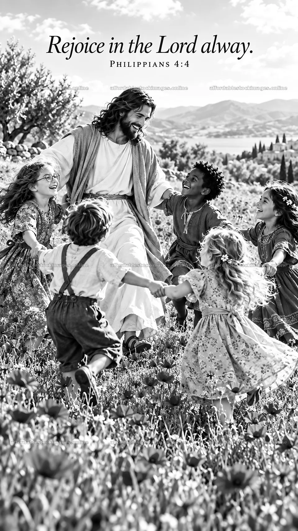 Jesus Christ with children in a joyful gathering – stock images 5811x10326
