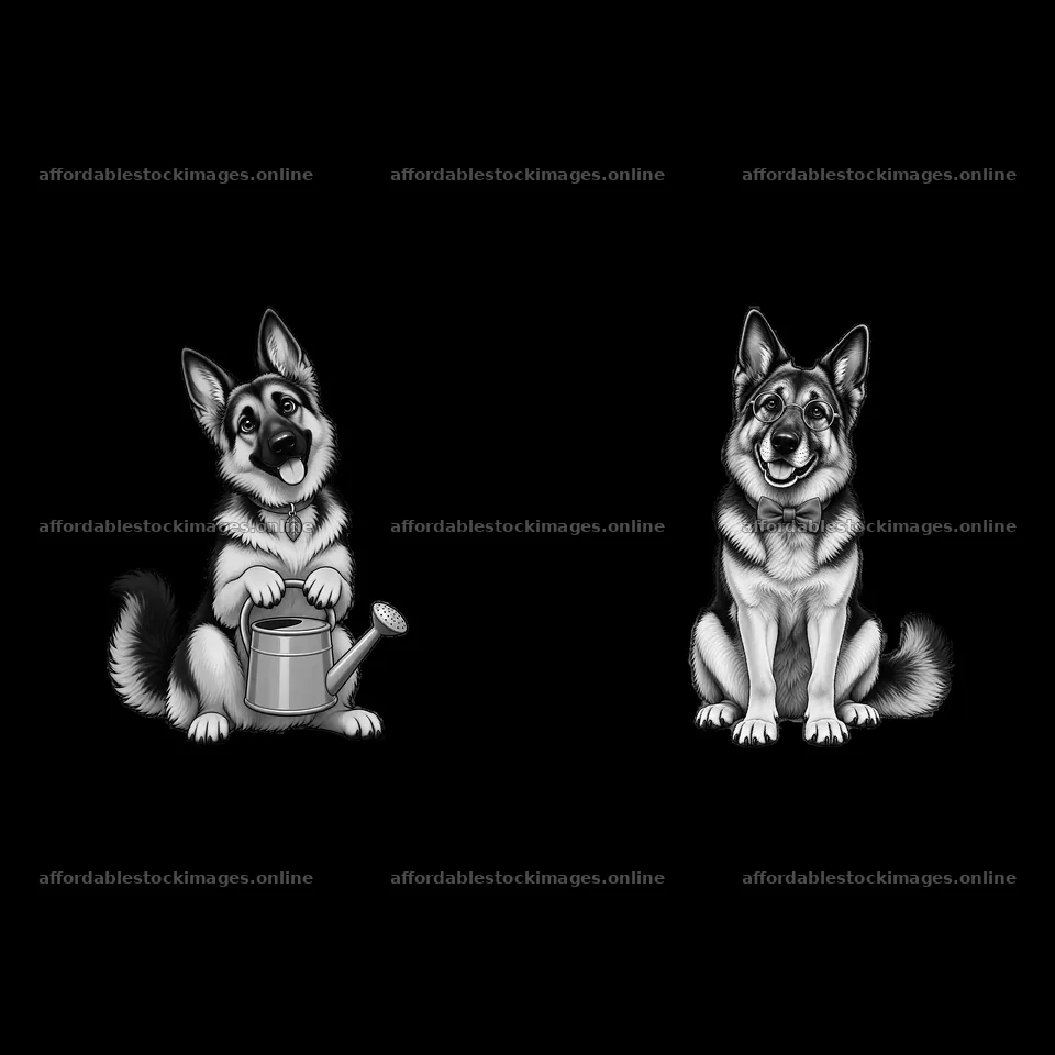 German Shepherd dog illustration with watering can and sitting – stock images 7746x7746