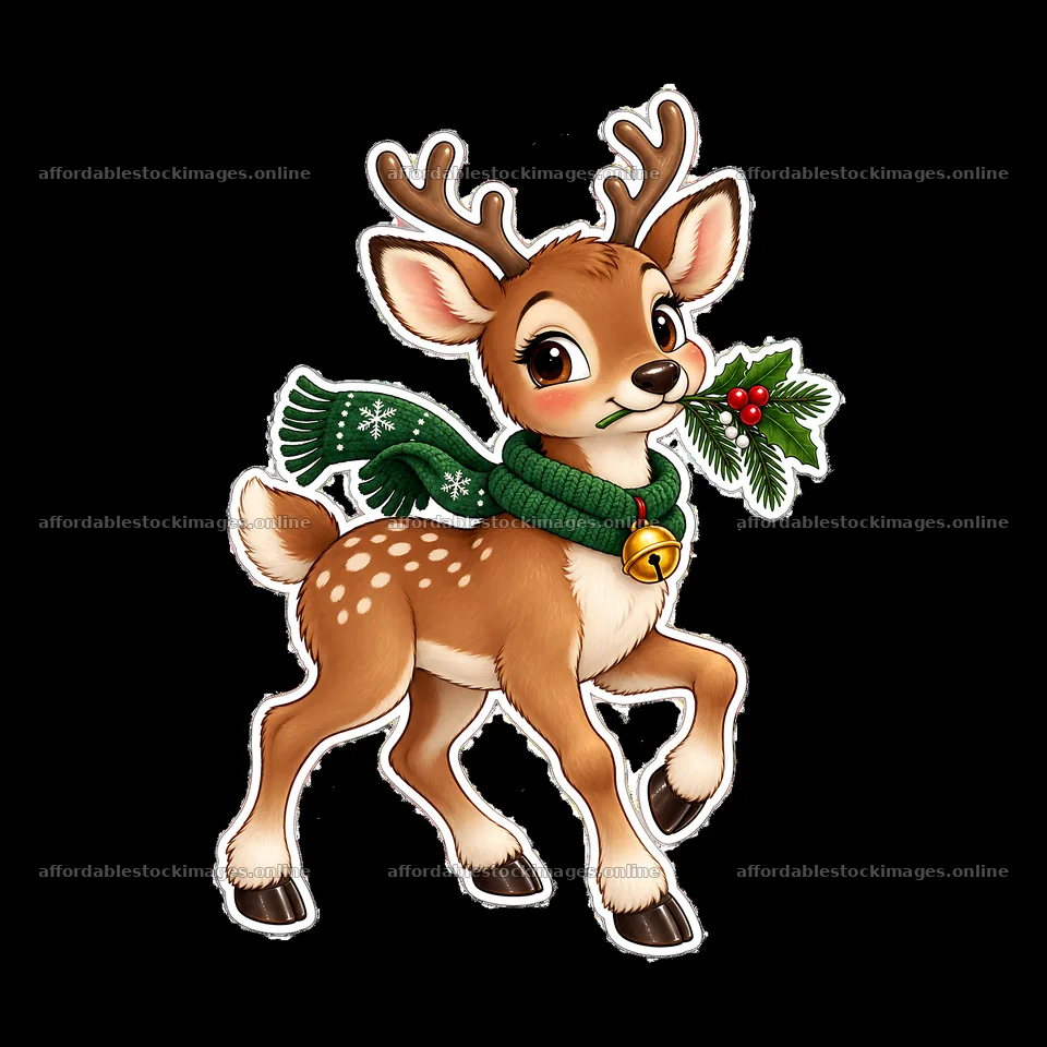 Winter Fawn with Bell and Evergreen Sprig – stock images 7746x7746
