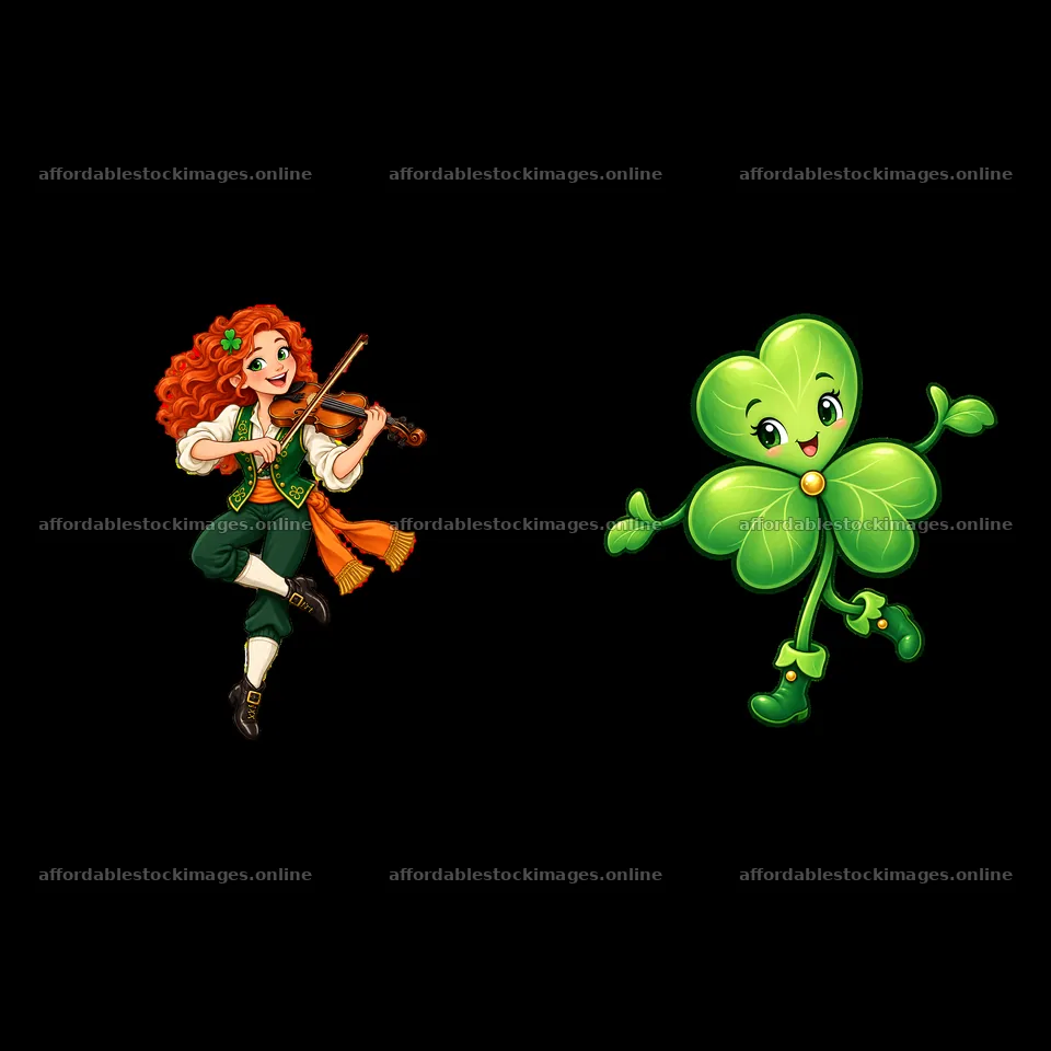 Girl with violin and cheerful clover for St. Patrick's Day – stock images 7746x7746