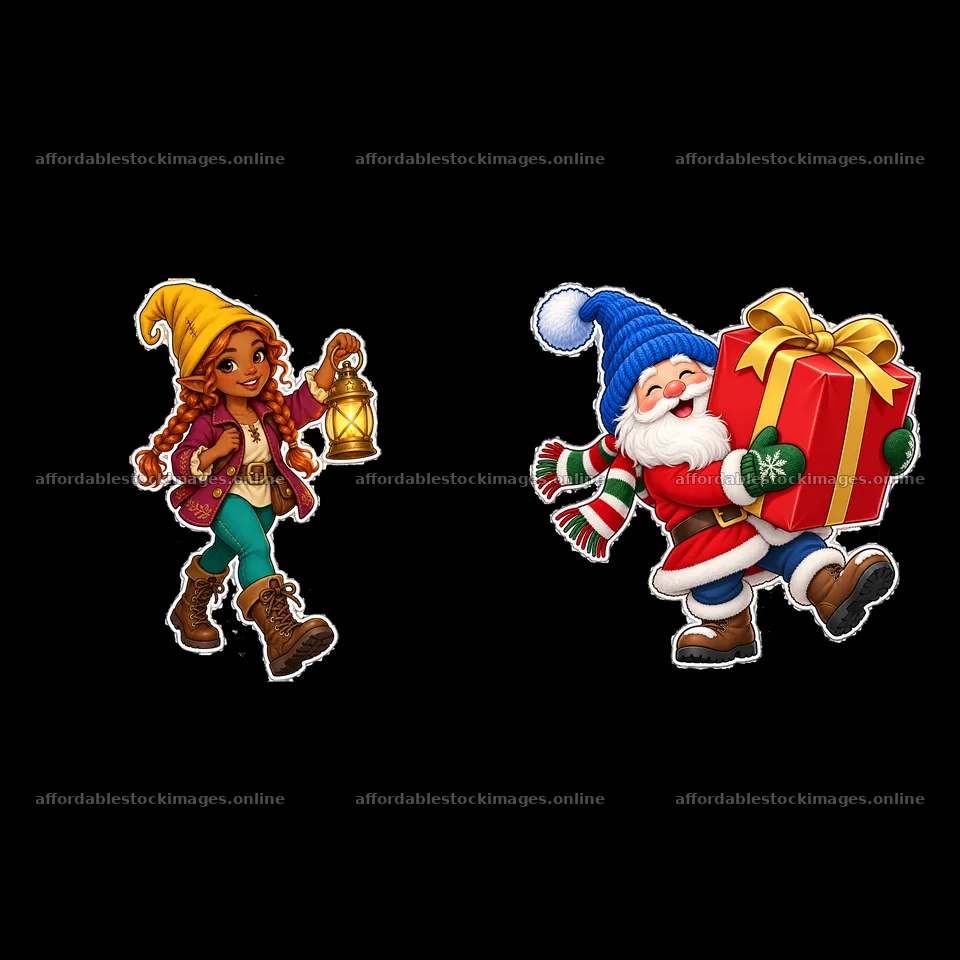 Gnome girl with lantern and gnome carrying gift in festive scene – stock images 7746x7746