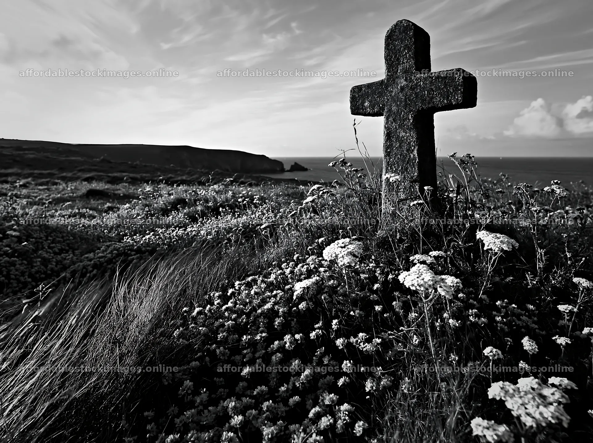 Christian cross at sunrise in a meadow by the sea – stock images 9174x6866