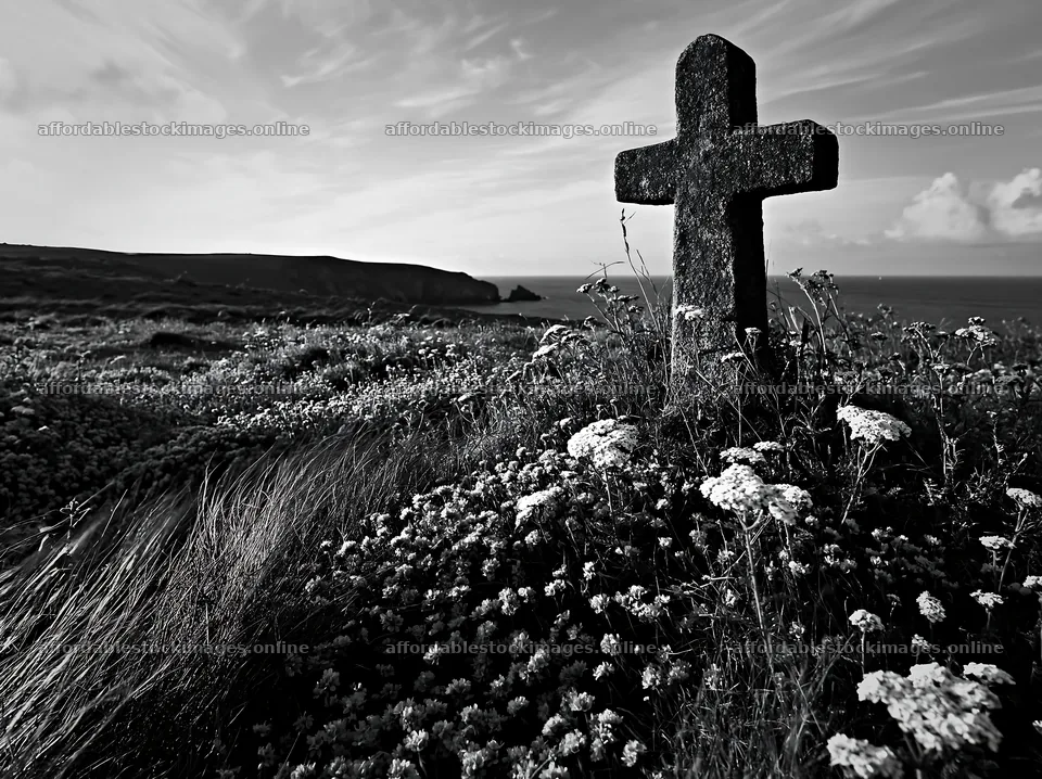 Christian cross at sunrise in a meadow by the sea – stock images 9174x6866
