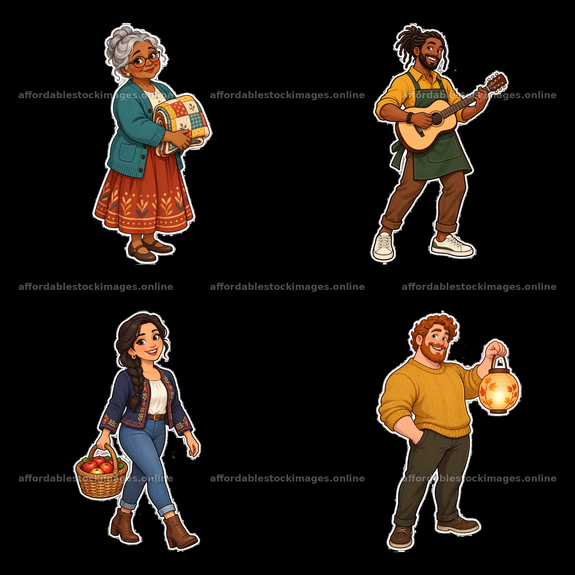 Four cartoon character stickers depicting family activities – stock images 7746x7746