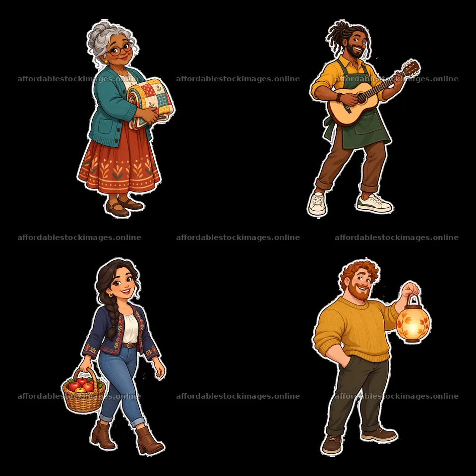 Four cartoon character stickers depicting family activities – stock images 7746x7746