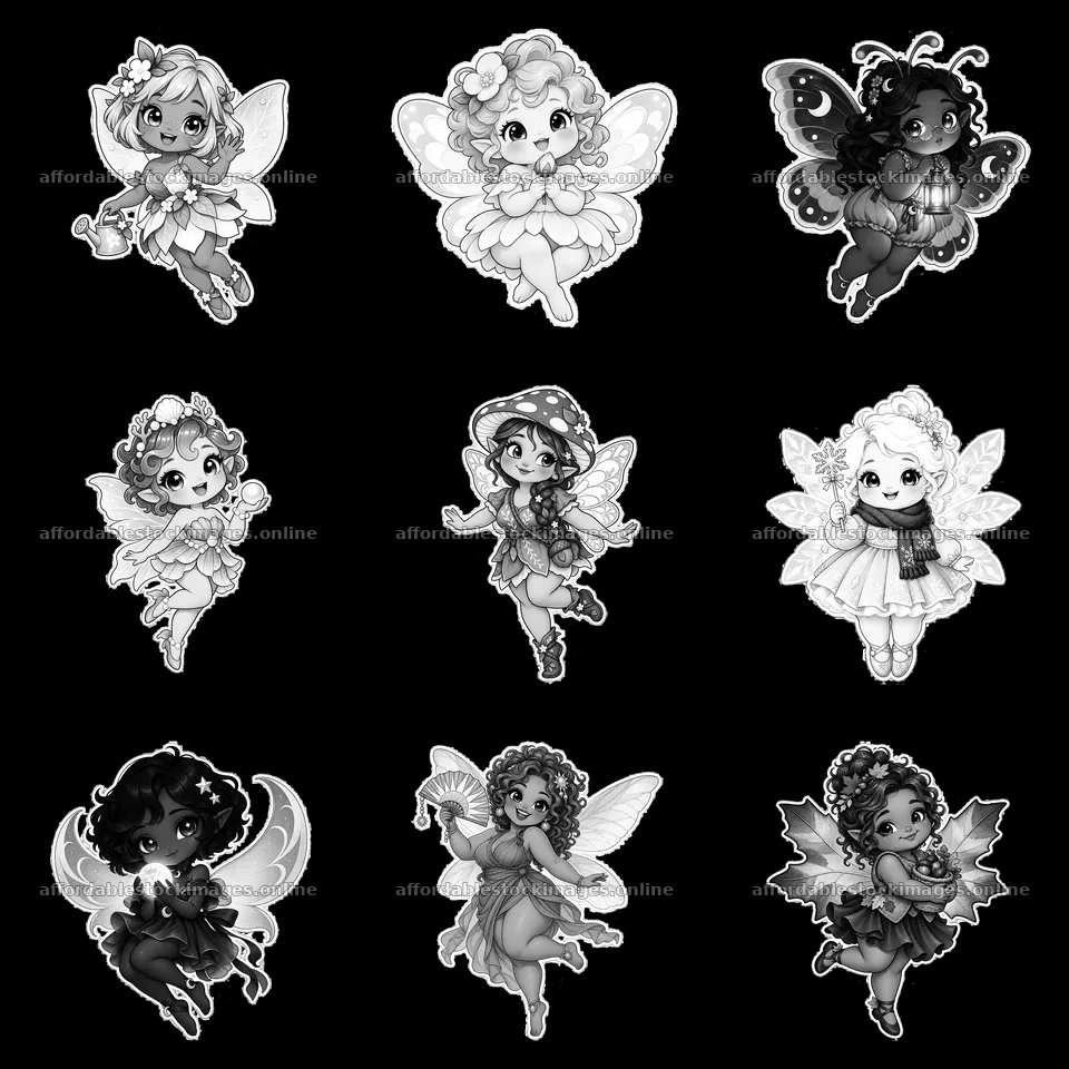 Kawaii chubby fairies in playful poses on a 3x3 grid – stock images 7746x7746