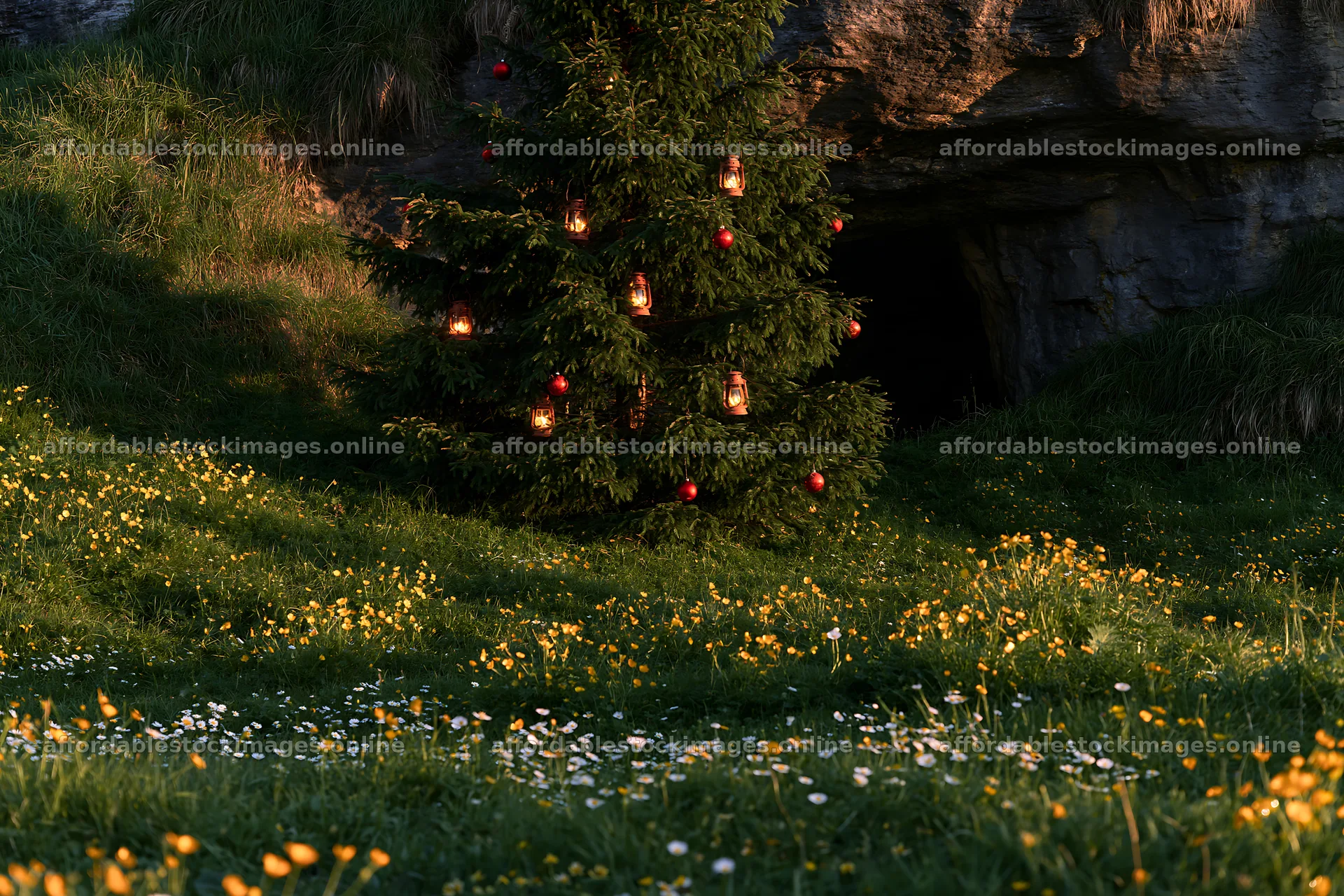 Christmas tree with lanterns in meadow by cave – stock images 9722x6480