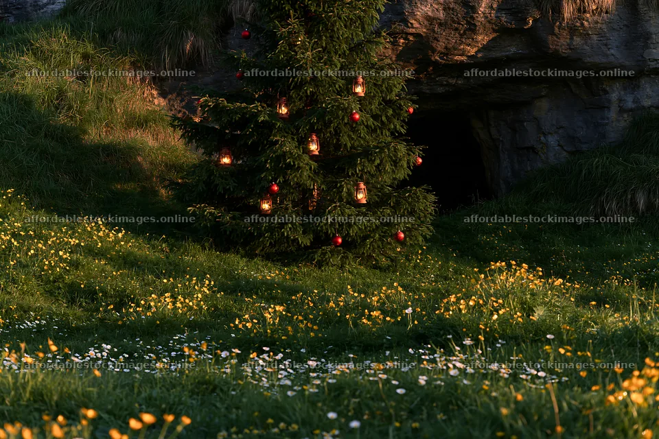 Christmas tree with lanterns in meadow by cave – stock images 9722x6480