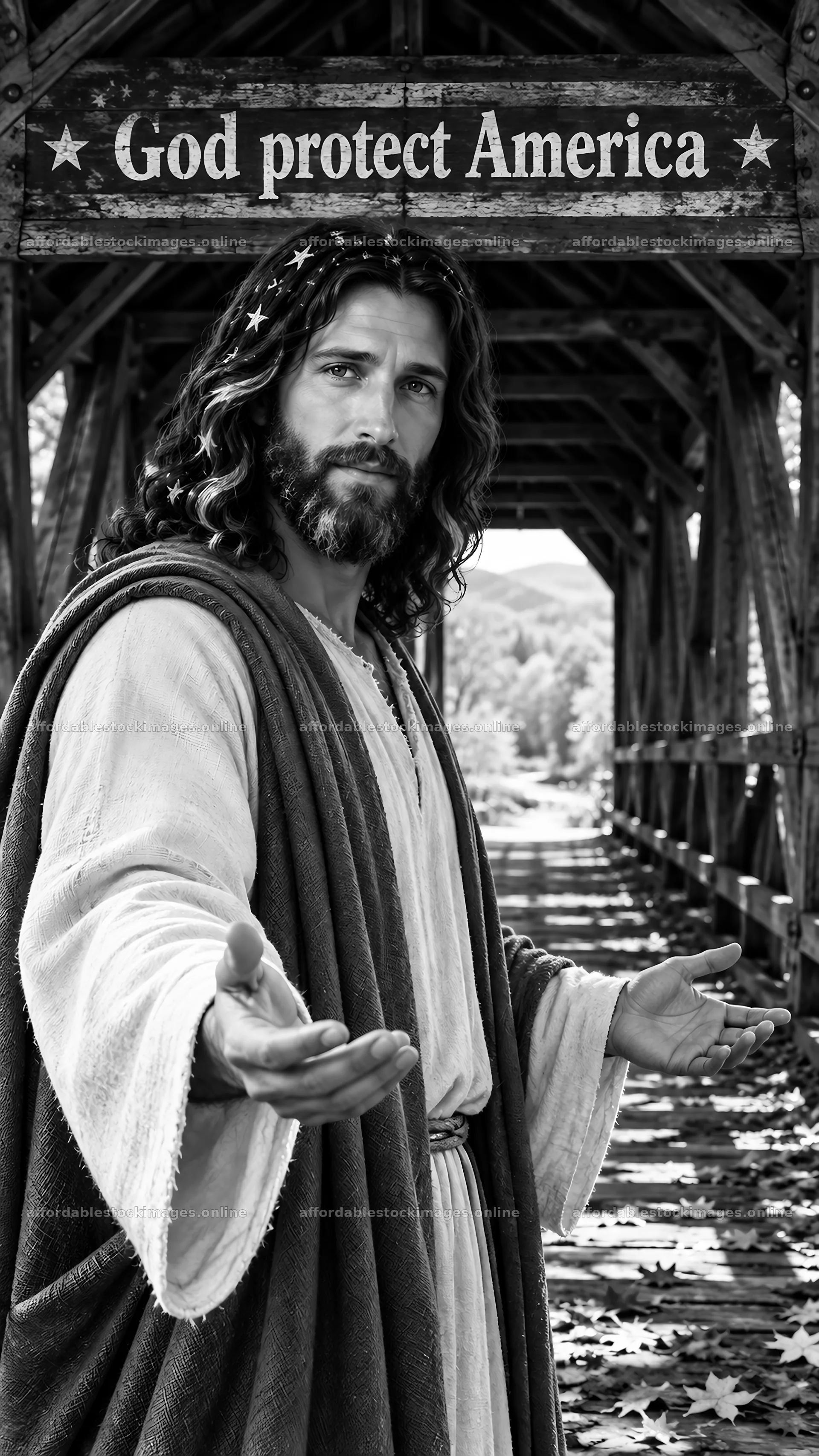 Jesus Christ welcoming viewers under a protective sign – stock images 5811x10326