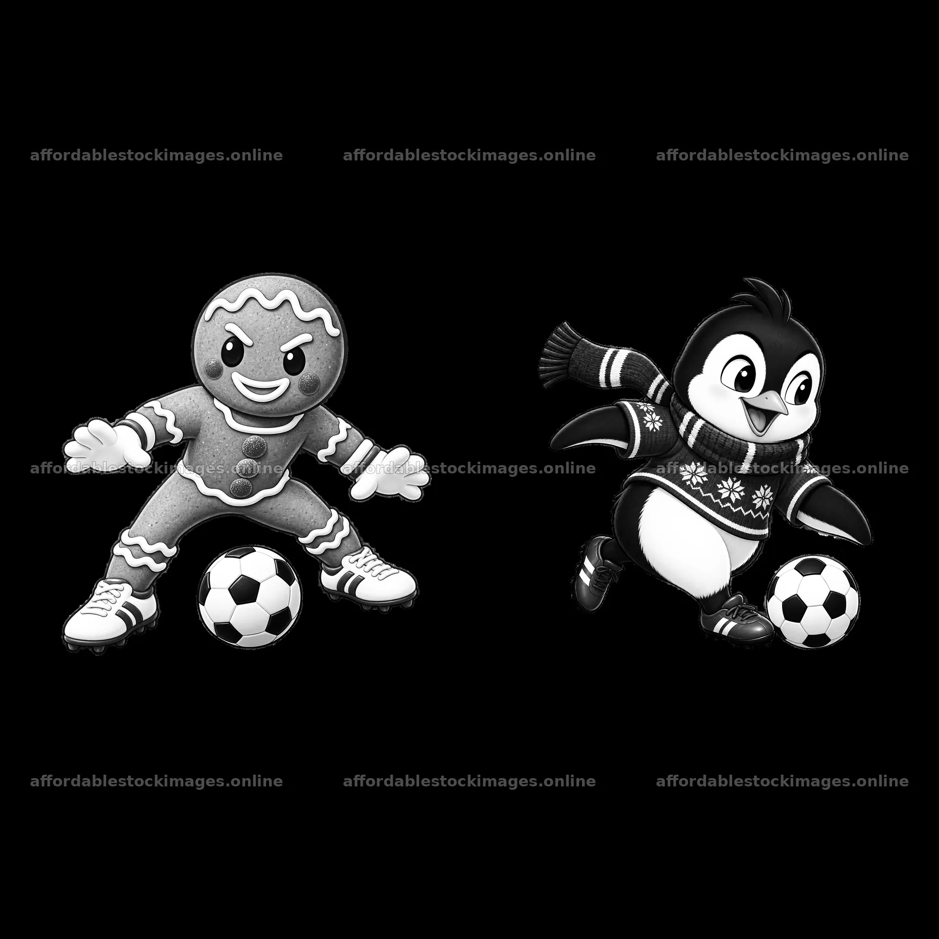 Gingerbread man and penguin playing soccer during Christmas – stock images 7746x7746