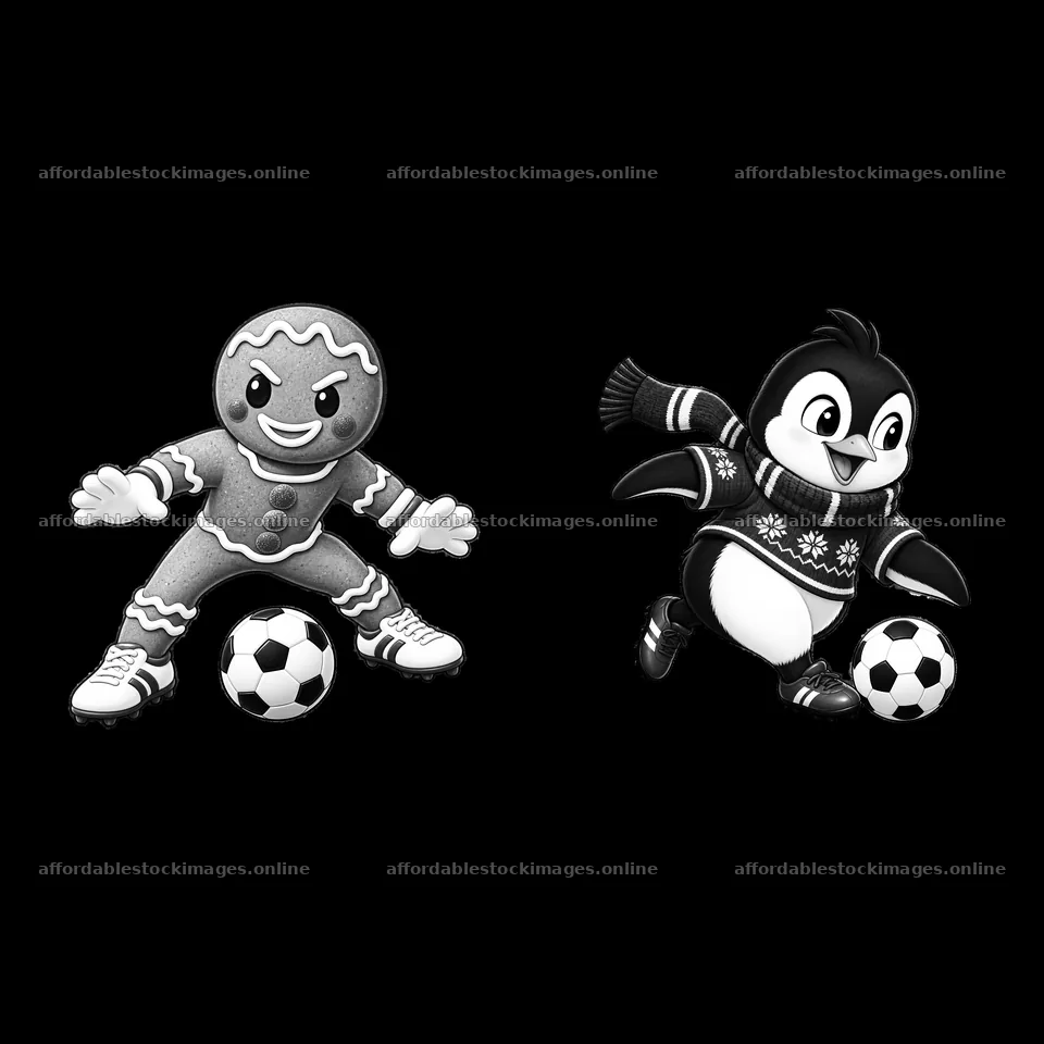 Gingerbread man and penguin playing soccer during Christmas – stock images 7746x7746